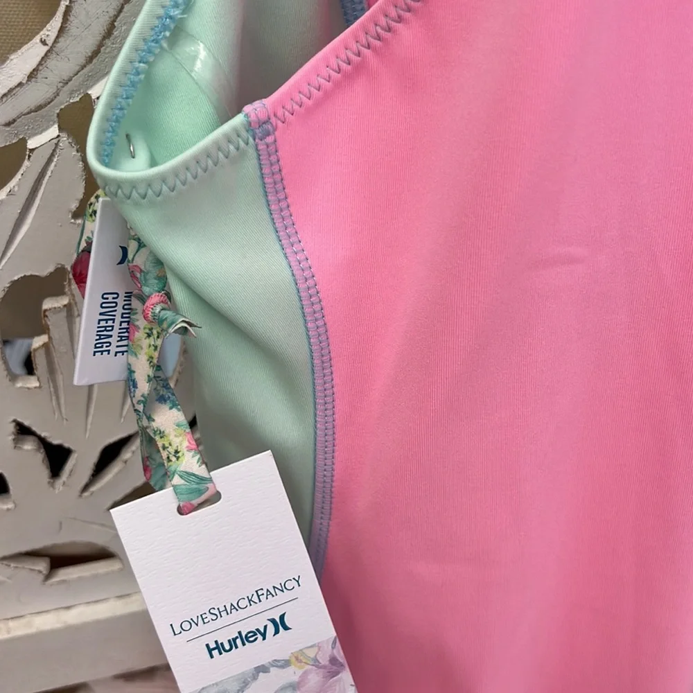 NWT Hurley X Love Shack Fancy collab. High neck, one piece zip swimsuit.Pink/blu - Picture 10 of 10